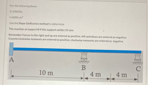For the following Beam E=200GPa I=6000 cm Use the Slope-Deflection method to determine The reaction at support Bif this suppo