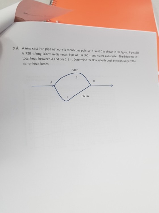 A new cast iron pipe network is connecting point A to Point D as shown in the figure. Pipe ABD is 720 m long, 30 cm in diameter. Pipe ACD is 660 m and 45 cm in diameter. The difference in total head between A and D is 2.1 m. Determine the flow rate through the pipe. Neglect the minor head losses. 2 3. 720m 660m