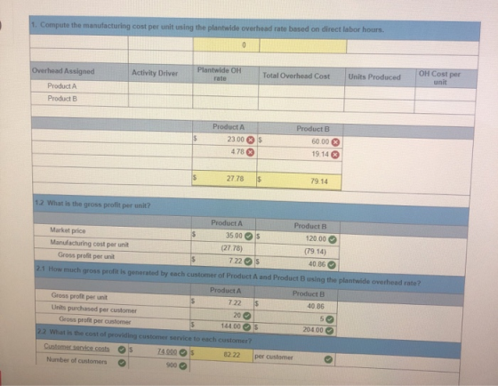 1. Compute the manufacturing cost per unit using the plantwide overhead rate based on direct labor hours. Activity Driver Pla