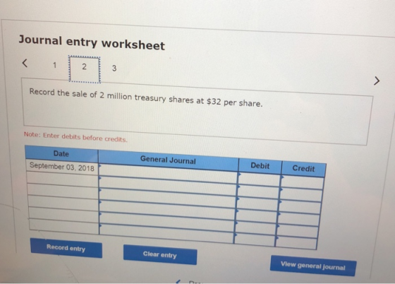 Journal entry worksheet Record the sale of 2 million treasury shares at $32 per share. Note: Enter debits before credits. Gen