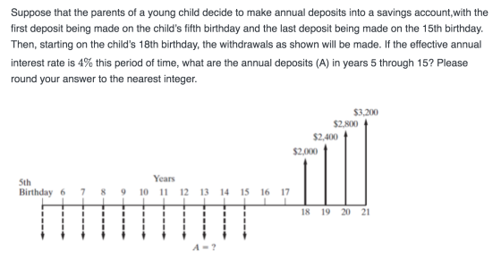 Suppose that the parents of a young child decide to make annual deposits into a savings account, with the first deposit being