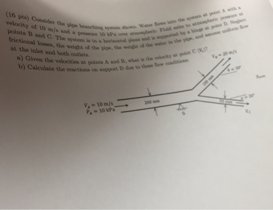 16 pts) Consider the pipe branetink Pavet ded velocity of 10 m/s and pressure points B and C. The system is in a horizontal plewatet frictional losses, the weight of the pipe, the at the inlet and both outlets. B. ng system shown. Water a pressure 10 kPa ovet atmospheric r lows into the system at goint A with losses be syste and is supported by a hinge at point D. Neplect at th of the pipe, the weight of the watet in the pipe a) Given the velocities at points A and B, what is die the velocity at point C (V) い20m/s te th e reactions on support D due to these fow conditions =10 m/s PA = 10 kPa- 200 mm Vc