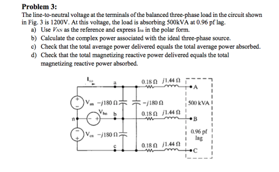 Problem 3: The line-to-neutral voltage at the terminals of the balanced three-phase load in the circuit shown in Fig. 3 is 12