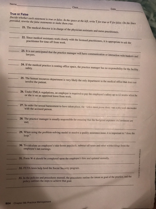 Class Date True or False Decide whether each statement is true or false. In the space at the left, write T for true or F for