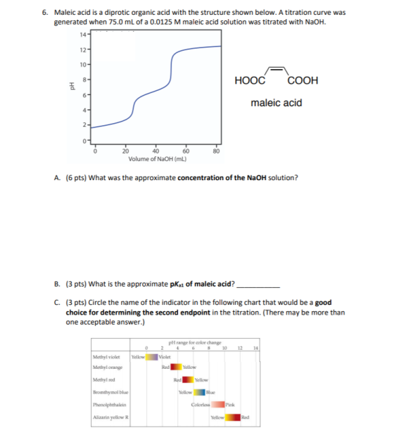 6. Maleic acid is a diprotic organic acid with the structure shown below. A titration curve was generated when 75.0 mL of a 0