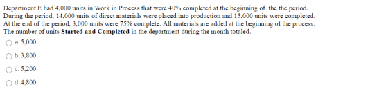 Department E had 4,000 units in Work in Process that were 40% completed at the beginning of the the period. During the period