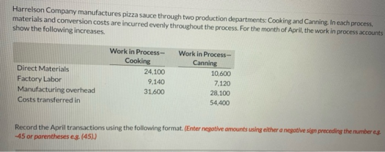 Harrelson Company manufactures pizza sauce through two production departments: Cooking and Canning. In each process, material