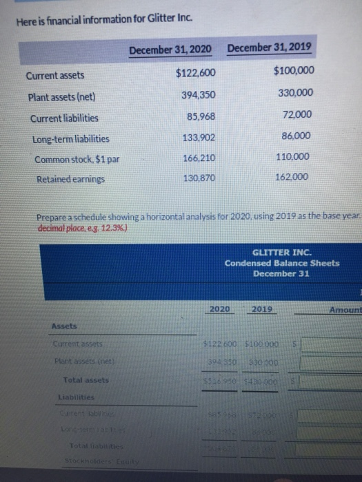 Here is financial information for Glitter Inc. December 31, 2020 December 31, 2019 $100,000 $122,600 394,350 Current assets P