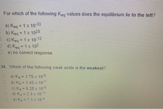For which of the following Keg values does the equilibrium lie to the left? a) Keo = 1 x 10-33 b) Keg = 1 x 1028 c) Keq = 1 x
