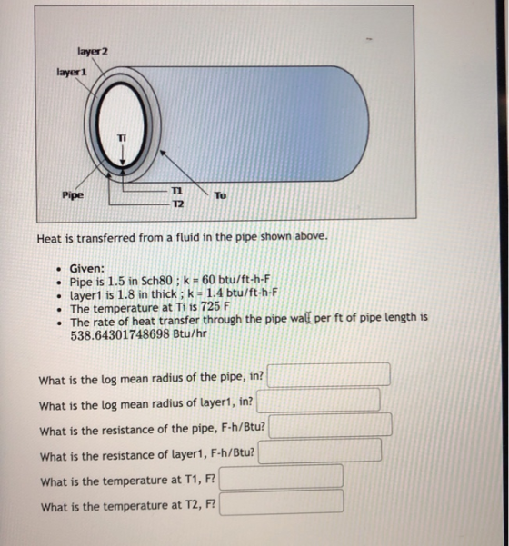 layer2 layer 1 TI Pipe Ti T2 To Heat is transferred from a fluid in the pipe shown above. Given: • Pipe is 1.5 in Sch80 ; k =