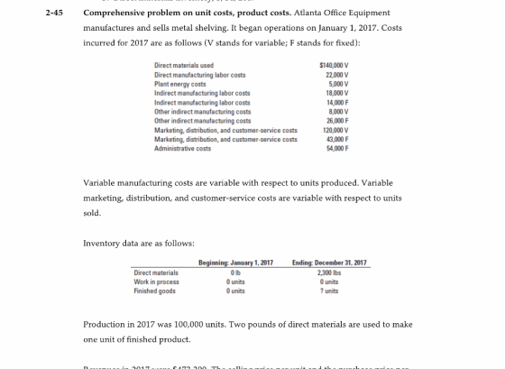 2-45 Comprehensive problem on unit costs, product costs. Atlanta Office Equipment manufactures and sells metal shelving. It b