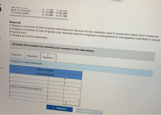 how male la Work in process Finished goods > 0,300 $ 5,400 $ 76,000 10,400 $ 20,300 $ 25,700 Required: 1. Prepare a schedule