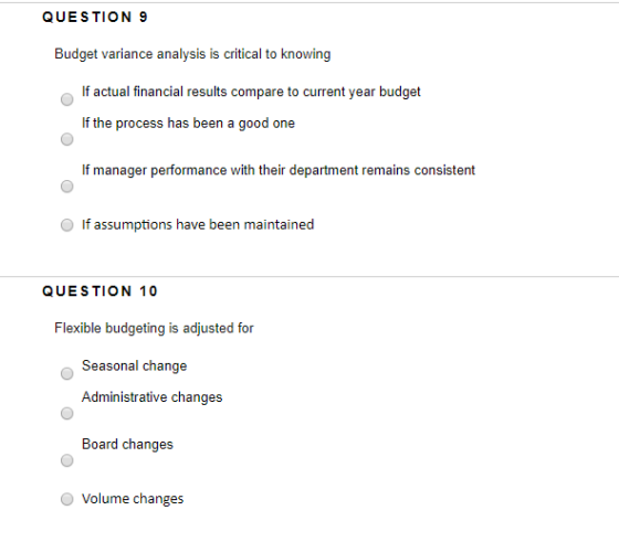 QUESTION 9 Budget variance analysis is critical to knowing If actual financial results compare to current year budget If the