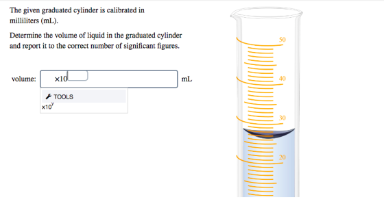 The given graduated cylinder is calibrated in milliliters (mL). Determine the volume of liquid in the graduated cylinder and