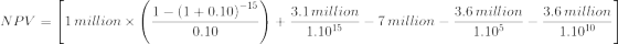 NPV=\left [1\, million\times \left ( \frac{1-\left ( 1+0.10 \right )^{-15}}{0.10} \right )+\frac{3.1\, million}{1.10^{15}}-7\, million-\frac{3.6\, million}{1.10^{5}}-\frac{3.6\, million}{1.10^{10}} \right ]