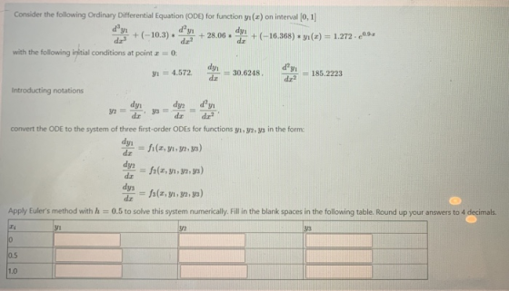 dy: 2 Consider the following Ordinary Differential Equation (ODE) for function yı(z) on interval [0, 1] +(-10,3) dayi dy + 28