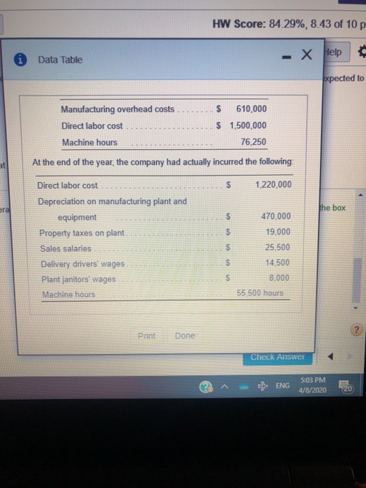 HW Score: 84.29%, 8.43 of 10 p 1 Data Table - X Help xpected to Manufacturing overhead costs ....... S 610,000 Direct labor c