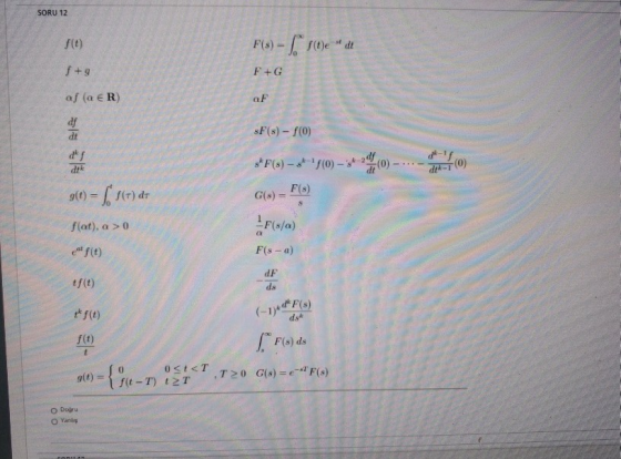 SORU 12 f(s) – Sºrte at +9 F+G af (a ER af af dt sF(s)-f(0) ds dtk s*F(s) – sk-F(0) - je (0) -(0) g(t) = ( 567) dt F(s) G(s
