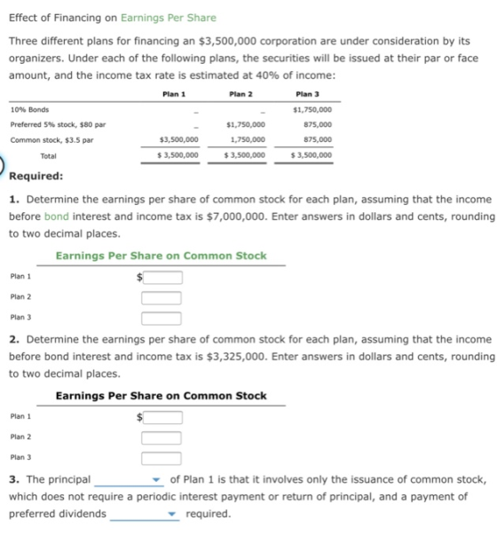 Effect of Financing on Earnings Per Share Three different plans for financing an $3,500,000 corporation are under considerati