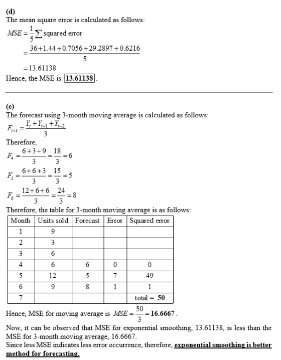 (d) The mean square error is calculated as follows: MSE squared error 36+1.44+0.7056 +29.2897 +0.6216 un = 13.61138 Hence, th