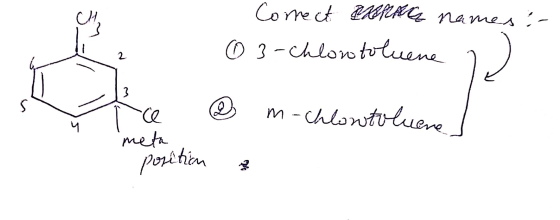 Correct PIRACE names :- 0 3-chlostoluene @ m-chlortoluene meta position