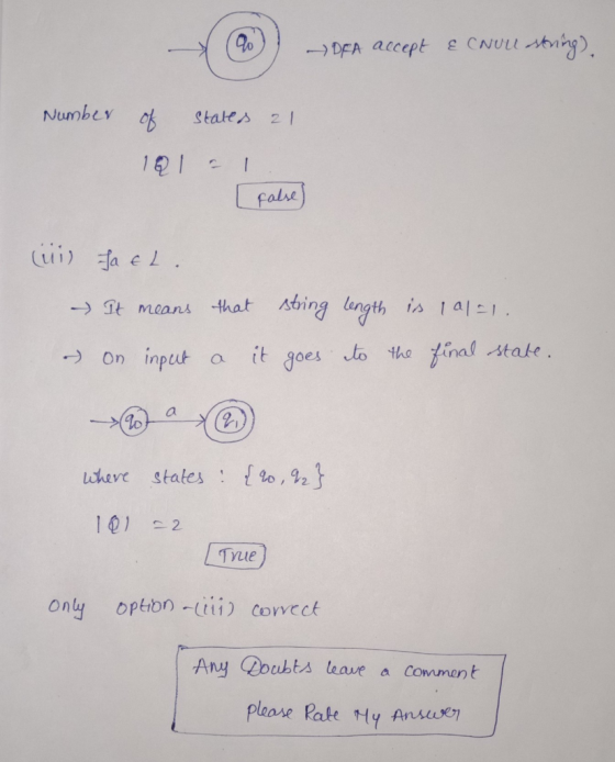 DFA accept & CNull string). Number of states 21 101 1 [false) (ui) fa el - It means that string length is (al=1. - On input a