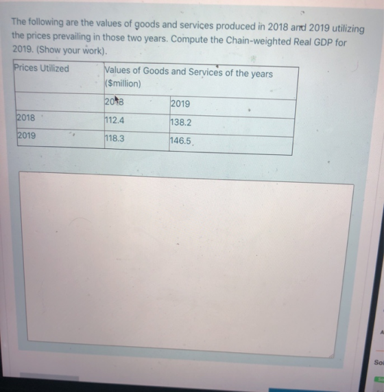 The following are the values of goods and services produced in 2018 and 2019 utilizing the prices prevailing in those two yea
