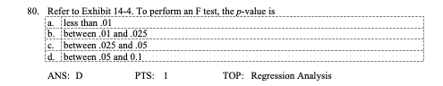 80. Refer to Exhibit 14-4. To perform an F test, the p-value is a. less than.01 b. ibetween.01 and.025 c. between.025 and.05