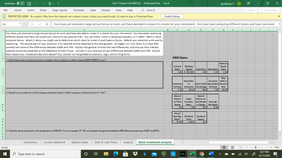 AutoSave Off Have Unit 1 Project Fall 2020 (2) - Protected View - Excel guada gucci GG File Home Insert Draw Page Layout Form