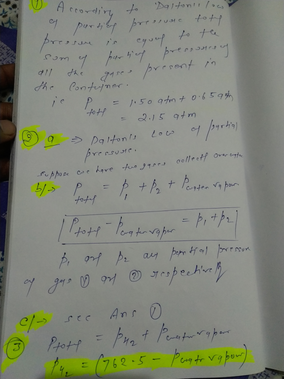 According to Daltons low ey partial pressure toto pressure is equal to the som ay parhah pressure of the gases present in th