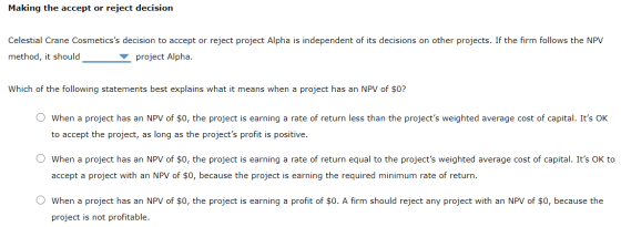 Making the accept or reject decision Celestial Crane Cosmeticss decision to accept or reject project Alpha is independent of