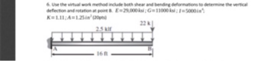 6. Use the vitual work method include both shear and bending deformamons to determine the verical defection and rotation at port·Em2900ks:Gel100) ksi ; 1.5000i: K= 1.11:A=1.25in)(20pts) 25 kIr