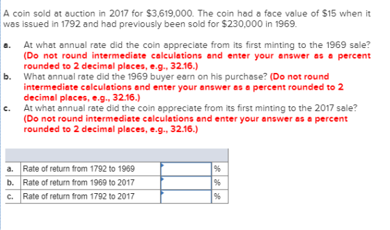 A coin sold at auction in 2017 for $3,619,000. The coin had a face value of $15 when it was issued in 1792 and had previously been sold for $230,000 in 1969. a. At what annual rate did the coin appreciate from its first minting to the 1969 sale? b. What annual rate did the 1969 buyer earn on his purchase? (Do not round (Do not round intermediate calculations and enter your answer as a percent rounded to 2 decimal places, e.g., 32.16.) intermediate calculations and enter your answer as a percent rounded to 2 decimal places, e.g., 32.16.) c.At what annual rate did the coin appreciate from its first minting to the 2017 sale? (Do not round intermediate calculations and enter your answer as a percent rounded to 2 decimal places, e.g., 32.16.) a. b. C. Rate of return from 1792 to 1969 Rate of return from 1969 to 2017 Rate of return from 1792 to 2017