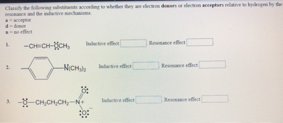 Classify the following substituents according to whether they are electron donors or electron acceptors relative to hydrogen