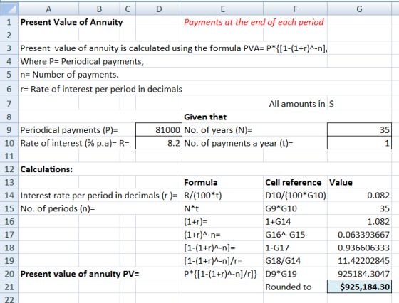 в со 1 Present Value of Annuity Payments at the end of each period 2 3 Present value of annuity is calculated using the formu