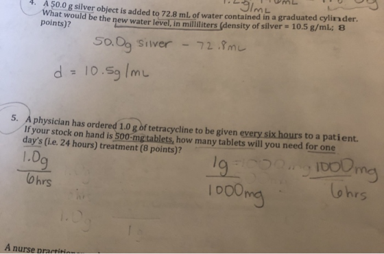 1.2 biomL 4. A 50.0 g silver object is added to 72.8 mL of water contained in a gradu What would be the ne dded to 72.8 mL of