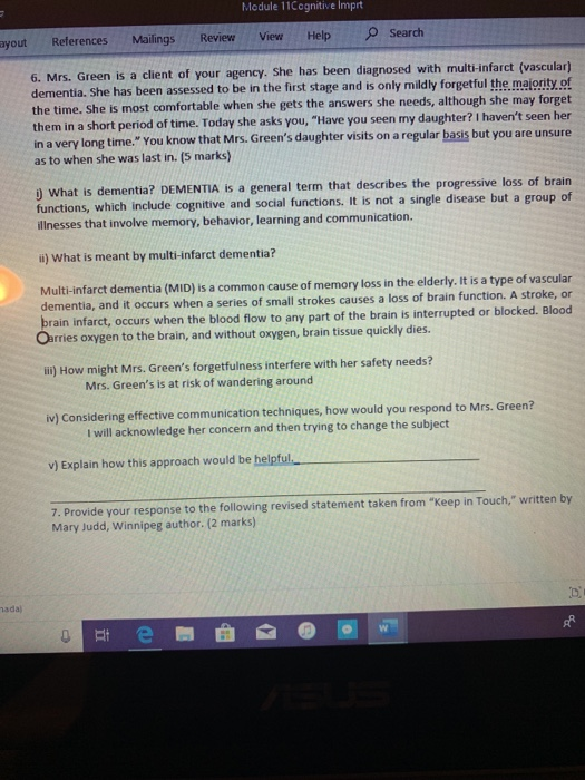 Module 11 Cognitive impre yout References Mailings Review Help Search 6. Mrs. Green is a client of your agency. She has been