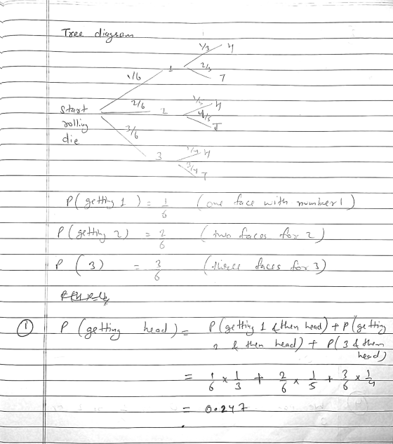 Tree diagram 3 4 24 vo 7 216 h 2 ATS Start polling die sto I 3 hy v BAT P( getting 1 ) Come face with number 1 6 2 6 P ( gett