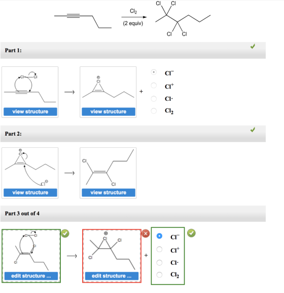 CICI Cl2 (2 equiv) Part 1: + + view structure view structure Part 2: view structure view structure Part 3 out of 4 0 0 + 0 0