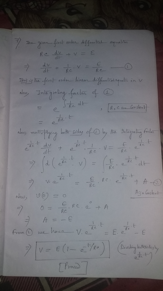7 The given first ordon differential equation Re dv + v=E dr hc v = -6 This is a first ordu linear differential equatia in v