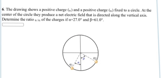 6. The drawing shows a positive charge () and a positive charge () fixed to a circle. At the center of the circle they produce a net electric field that is directed along the vertical axis. Determine the ratio 9/92 of the charges if α 27.0° and -61.0°. 42 41/