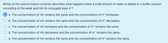 Which of the options below correctly describes what happens when a small amount of water is added to a buffer solution consis