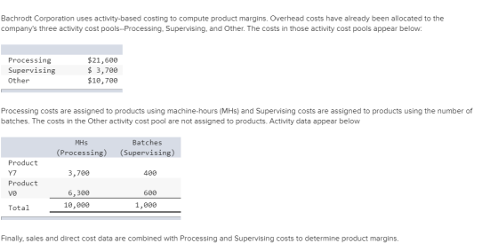 Bachrodt Corporation uses activity-based costing to compute product margins. Overhead costs have already been allocated to the companys three activity cost pools--Processing, Supervising, and Other. The costs in those activity cost pools appear below: Processing Supervising Other $21,600 $ 3,700 $10,700 Processing costs are assigned to products using machine-hours (MHs) and Supervising costs are assigned to products using the number of batches. The costs in the Other activity cost pool are not assigned to products. Activity data appear below MHs Batches (Processing) (Supervising) Product Y7 Product Ve Total 3,700 400 6,300 10,000 600 1,000 Finally, sales and direct cost data are combined with Processing and Supervising costs to determine product margins