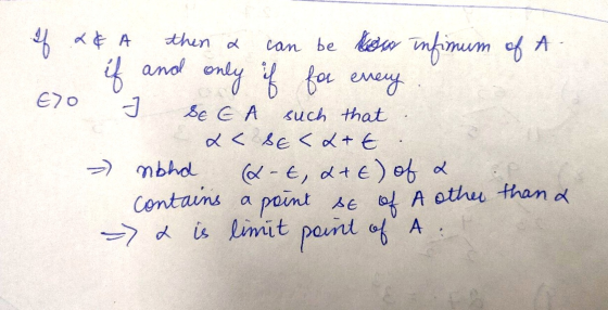 of .x¢ A then a can be low infimum of A if and only if for every E70 3 SE GA such that L<SE<L+€ = nbhd (&-t, 2+E) of a contai