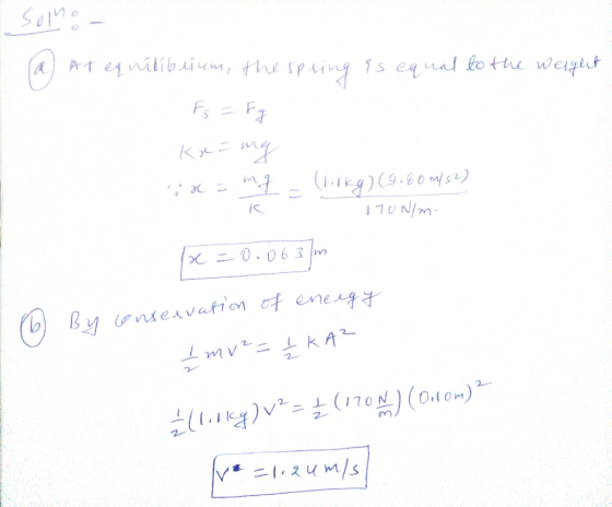 Somo At equilibrium, the spring is equal to the weight Fs = Fg Krang x = mg - (lukg) (9.20 m/s2) K 170N/m- p = 0.063) (6) By