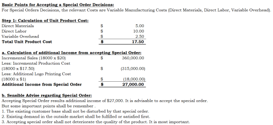 Basic Points for Accepting a Special Order Decisions: For Special Orders Decisions, the relevant Costs are Variable Manufactu