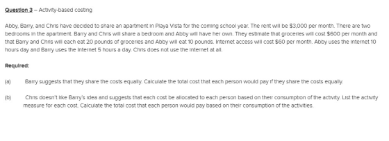 Question 3 - Activity-based costing Abby, Barry, and Chris have decided to share an apartment in Playa Vista for the coming s