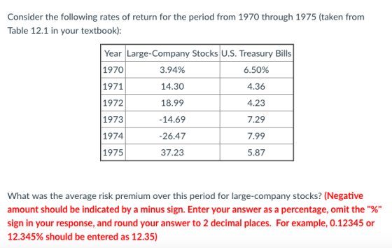 Consider the following rates of return for the period from 1970 through 1975 (taken from Table 12.1 in your textbook): Year Large-Company Stocks U.S. Treasury Bills 1970 1971 1972 1973 1974 1975 3.94% 14.30 18.99 -14.69 26.47 37.23 6.50% 4.36 4.23 7.29 7.99 5.87 What was the average risk premium over this period for large-company stocks? (Negative amount should be indicated by a minus sign. Enter your answer as a percentage, omit the % sign in your response, and round your answer to 2 decimal places. For example, 0.12345 or 12.345% should be entered as 12.35)