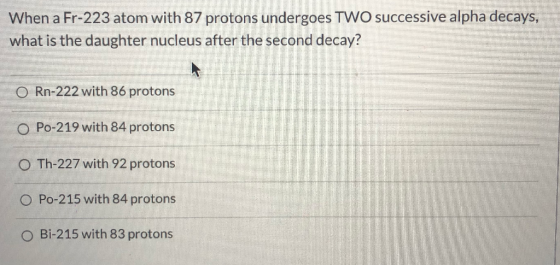 When a Fr-223 atom with 87 protons undergoes TWO successive alpha decays, what is the daughter nucleus after the second decay