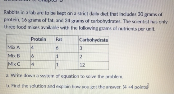 Rabbits in a lab are to be kept on a strict daily diet that includes 30 grams cf protein, 16 grams of fat, and 24 grams of carbohydrates. The scientist has only three food mixes available with the following grams of nutrients per unit. Protein Fat Carbohydrate 3 2 12 Mix A4 Mix B6 Mix ? 4 a. Write down a system of equation to solve the problem. b. Find the solution and explain how you got the answer. (4 +4 points